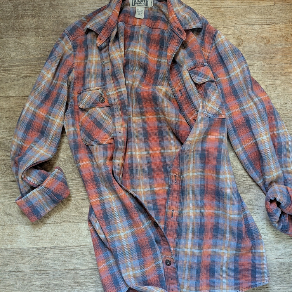 Duluth Trading Co Blue and Orange Plaid Shirt